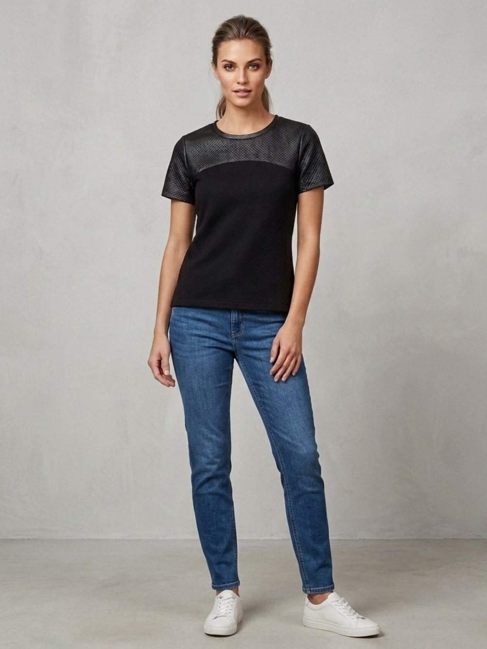 Club Monaco Faux Leather Chic Quilted Texture Black Short Sleeve Top